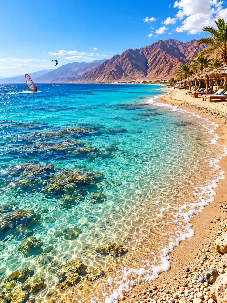 السياحة في دهب – شاطئ بمياه فيروزية وجبال سيناء في صورة الكرت